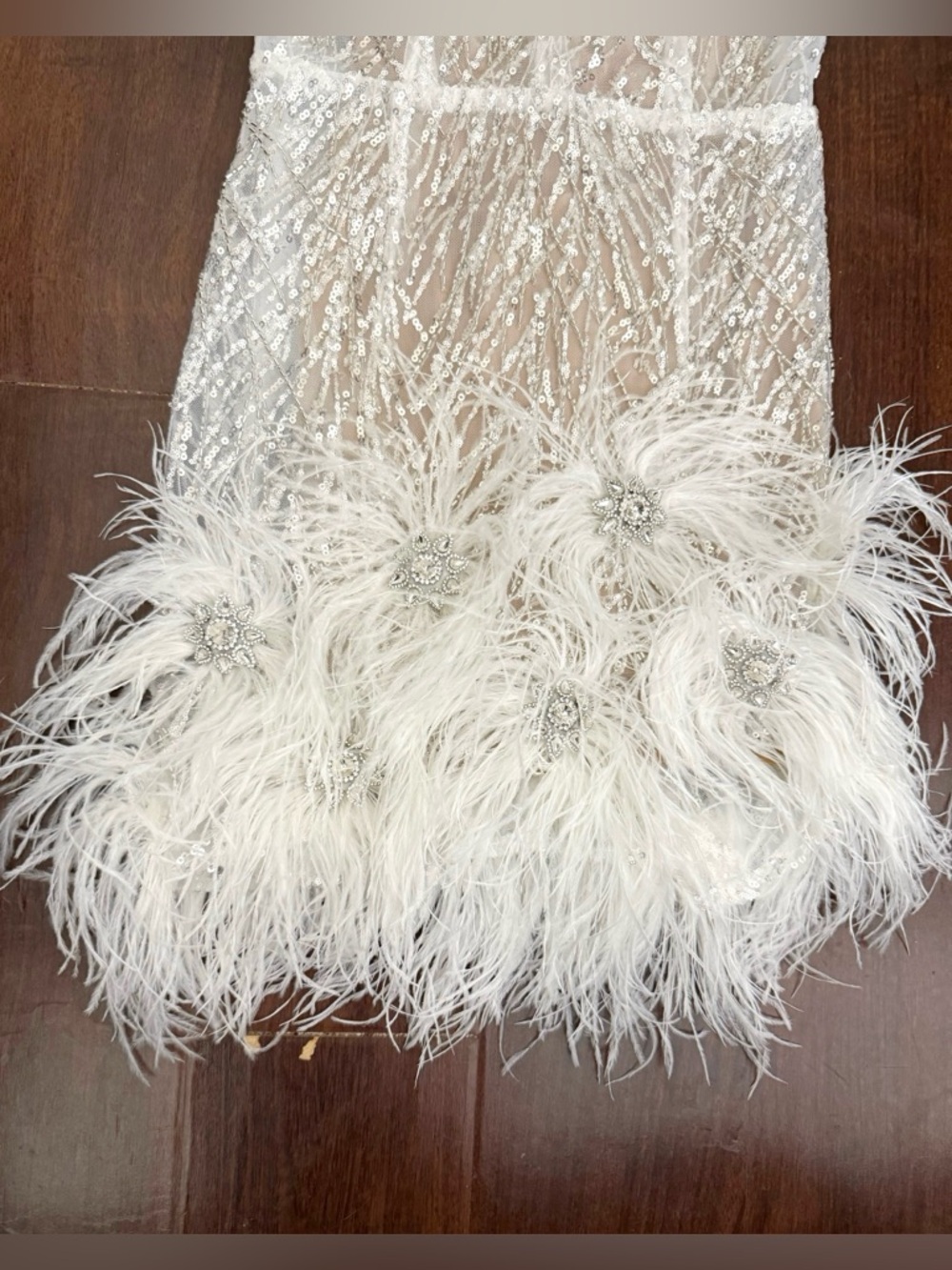 NADINE MERABI  Mila White Feather Sequin Ivory Mini Dress with Nude Slip Sz S - Picture 9 of 17